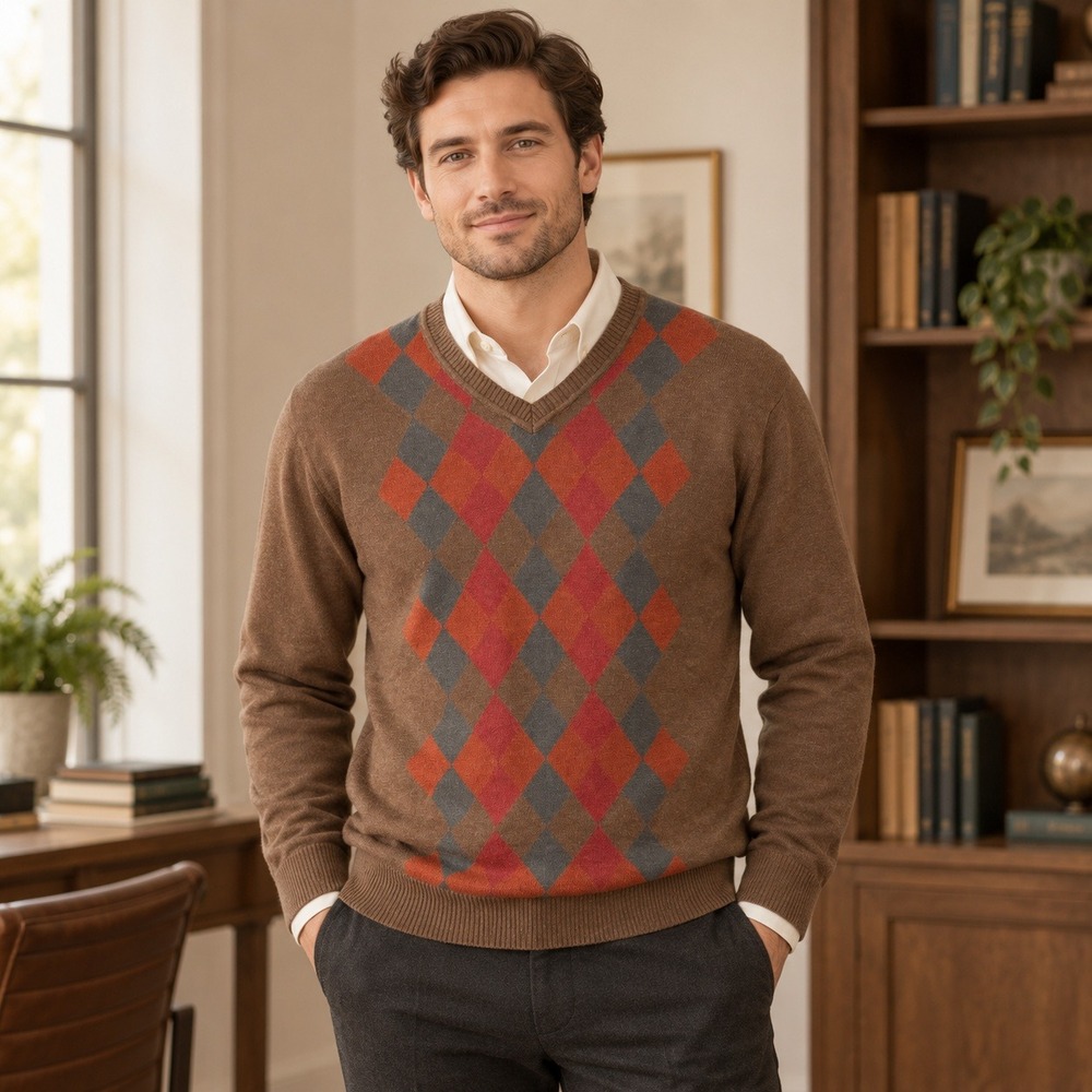 Tehama Argyle V-Neck Sweater L Brown Silk Cotton Cashmere Blend Business Casual